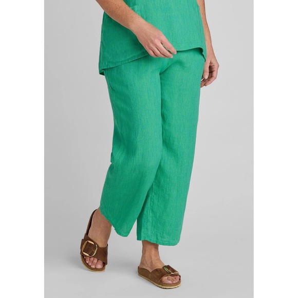 Flax Pants - Flax Linen Pants Pull On Relaxed Wide Leg Cropped Green Yellow Medium Fits 10-14
